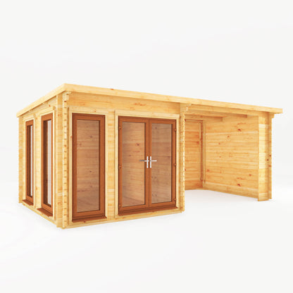 Mercia 6m x 3m Studio Pent Log Cabin With Patio Area - 44mm (UPVC Windows & Door) - Oak Log Cabin