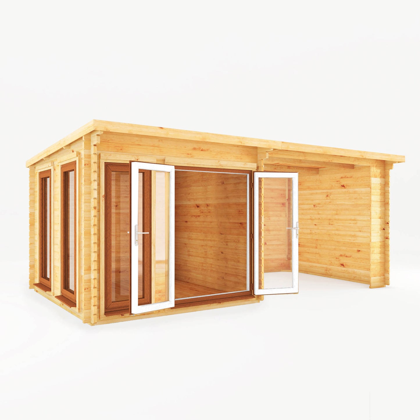 Mercia 6m x 3m Studio Pent Log Cabin With Patio Area - 44mm (UPVC Windows & Door) - Oak Log Cabin