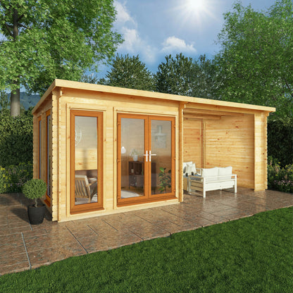 Mercia 6m x 3m Studio Pent Log Cabin With Patio Area - 44mm (UPVC Windows & Door) - Oak Log Cabin