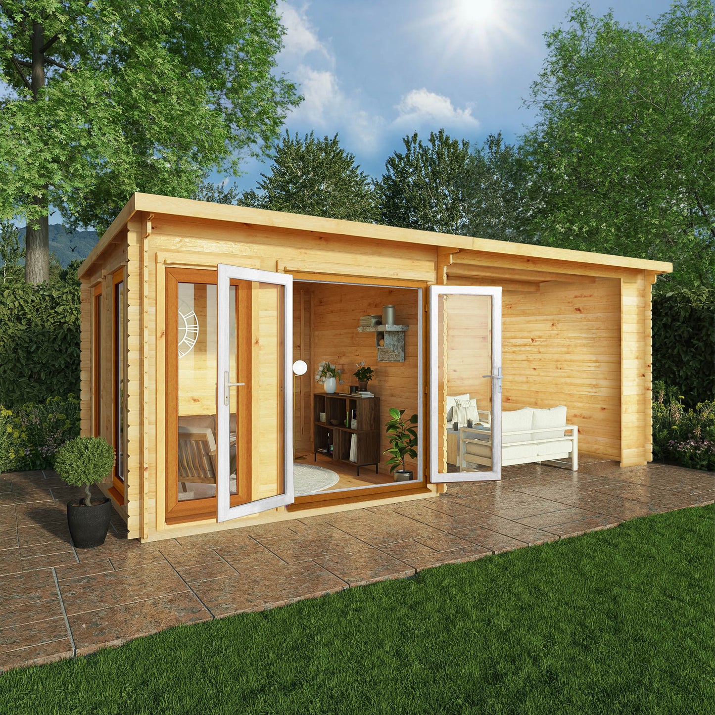 Mercia 6m x 3m Studio Pent Log Cabin With Patio Area - 44mm (UPVC Windows & Door) - Oak Log Cabin