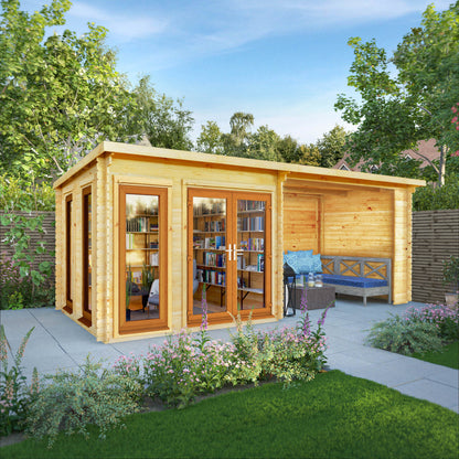 Mercia 6m x 3m Studio Pent Log Cabin With Patio Area - 44mm (UPVC Windows & Door) - Oak Log Cabin