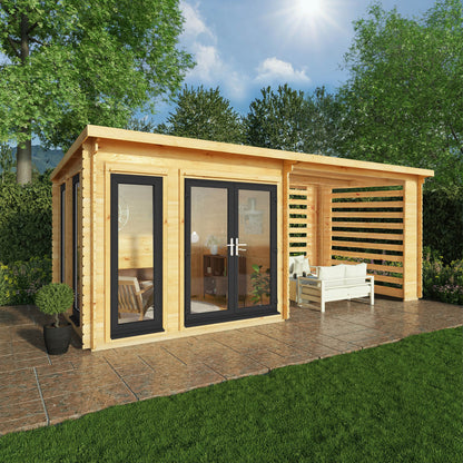 Mercia 6m x 3m Studio Pent Log Cabin With Slatted Area - 44mm (UPVC Windows & Door) - Grey Log Cabin