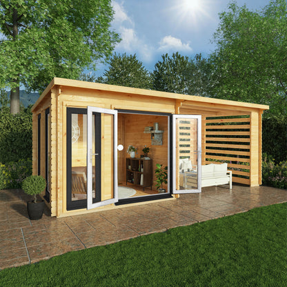 Mercia 6m x 3m Studio Pent Log Cabin With Slatted Area - 44mm (UPVC Windows & Door) - Grey Log Cabin