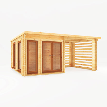 Mercia 6m x 3m Studio Pent Log Cabin With Slatted Area - 44mm (UPVC Windows & Door) - Oak Log Cabin