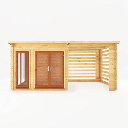 Mercia 6m x 3m Studio Pent Log Cabin With Slatted Area - 44mm (UPVC Windows & Door) - Oak Log Cabin