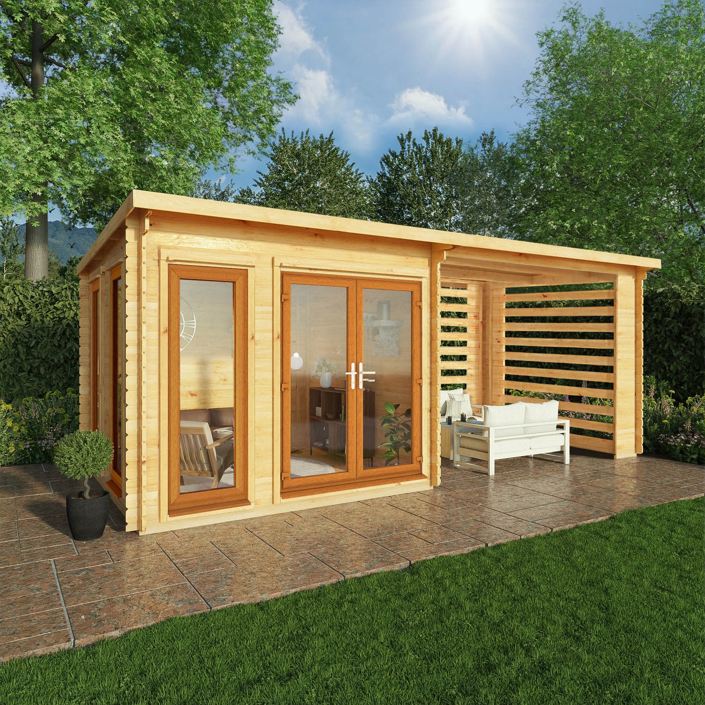 Mercia 6m x 3m Studio Pent Log Cabin With Slatted Area - 44mm (UPVC Windows & Door) - Oak Log Cabin