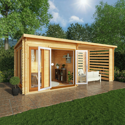 Mercia 6m x 3m Studio Pent Log Cabin With Slatted Area - 44mm (UPVC Windows & Door) - Oak Log Cabin