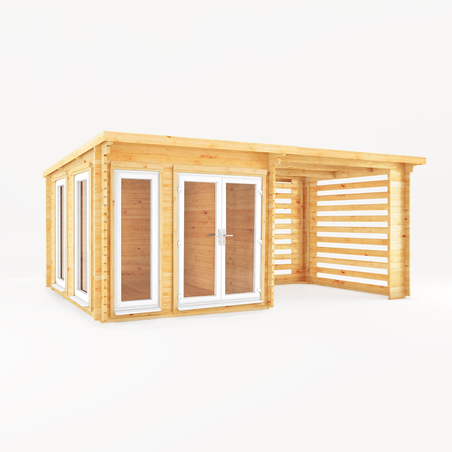 Mercia 6m x 3m Studio Pent Log Cabin With Slatted Area - 44mm (UPVC Windows & Door) - White Log Cabin