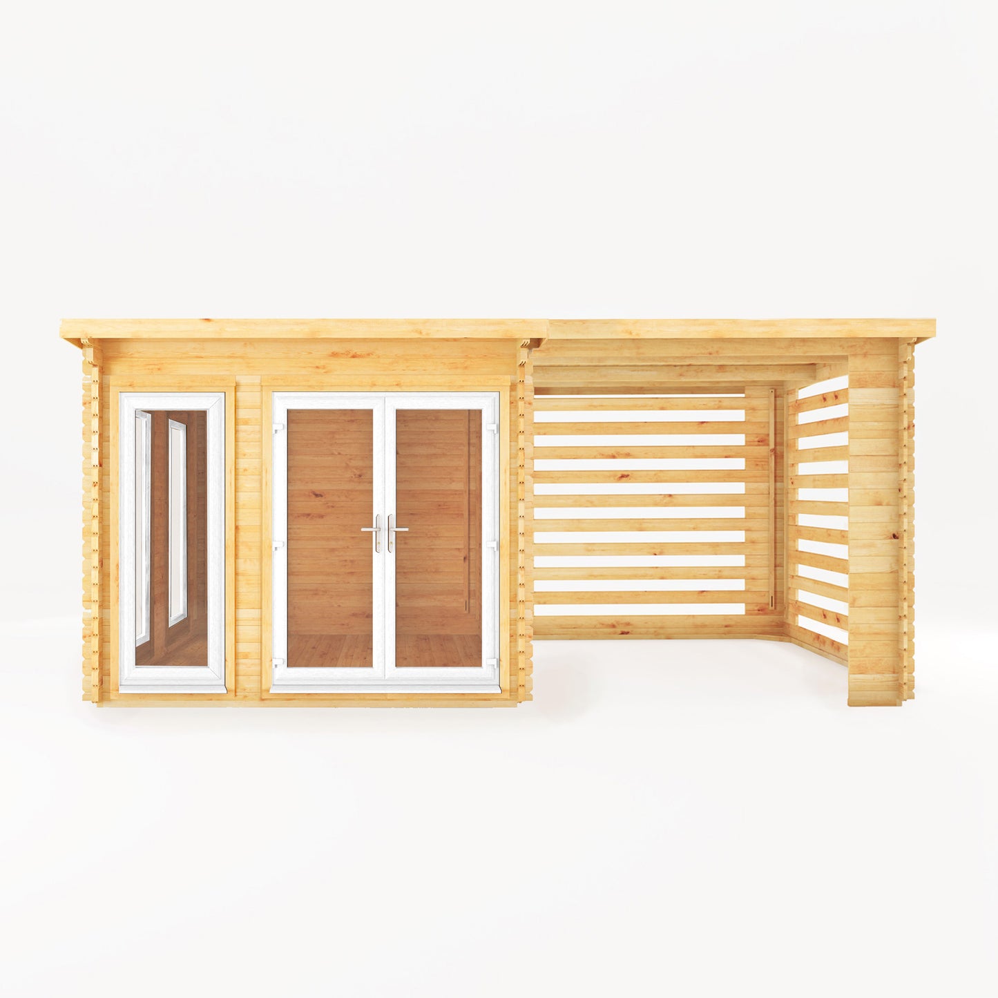 Mercia 6m x 3m Studio Pent Log Cabin With Slatted Area - 44mm (UPVC Windows & Door) - White Log Cabin