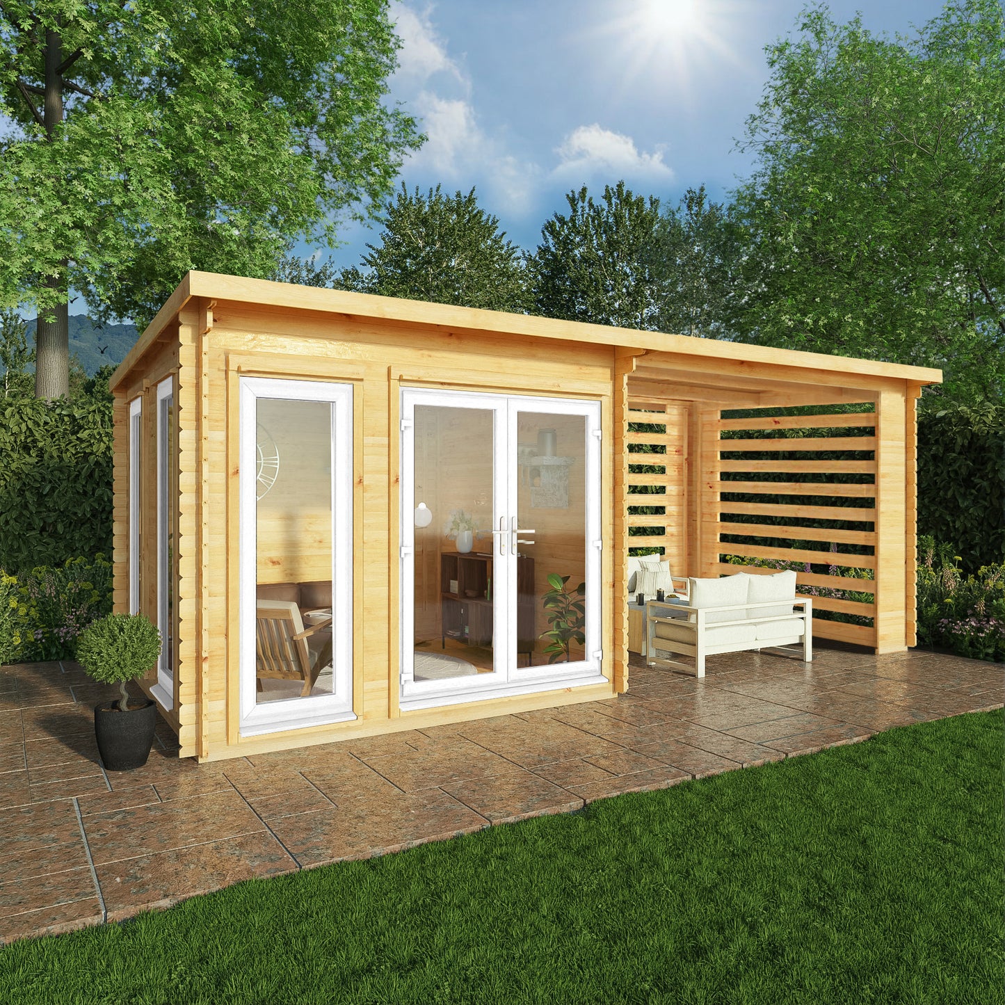 Mercia 6m x 3m Studio Pent Log Cabin With Slatted Area - 44mm (UPVC Windows & Door) - White Log Cabin