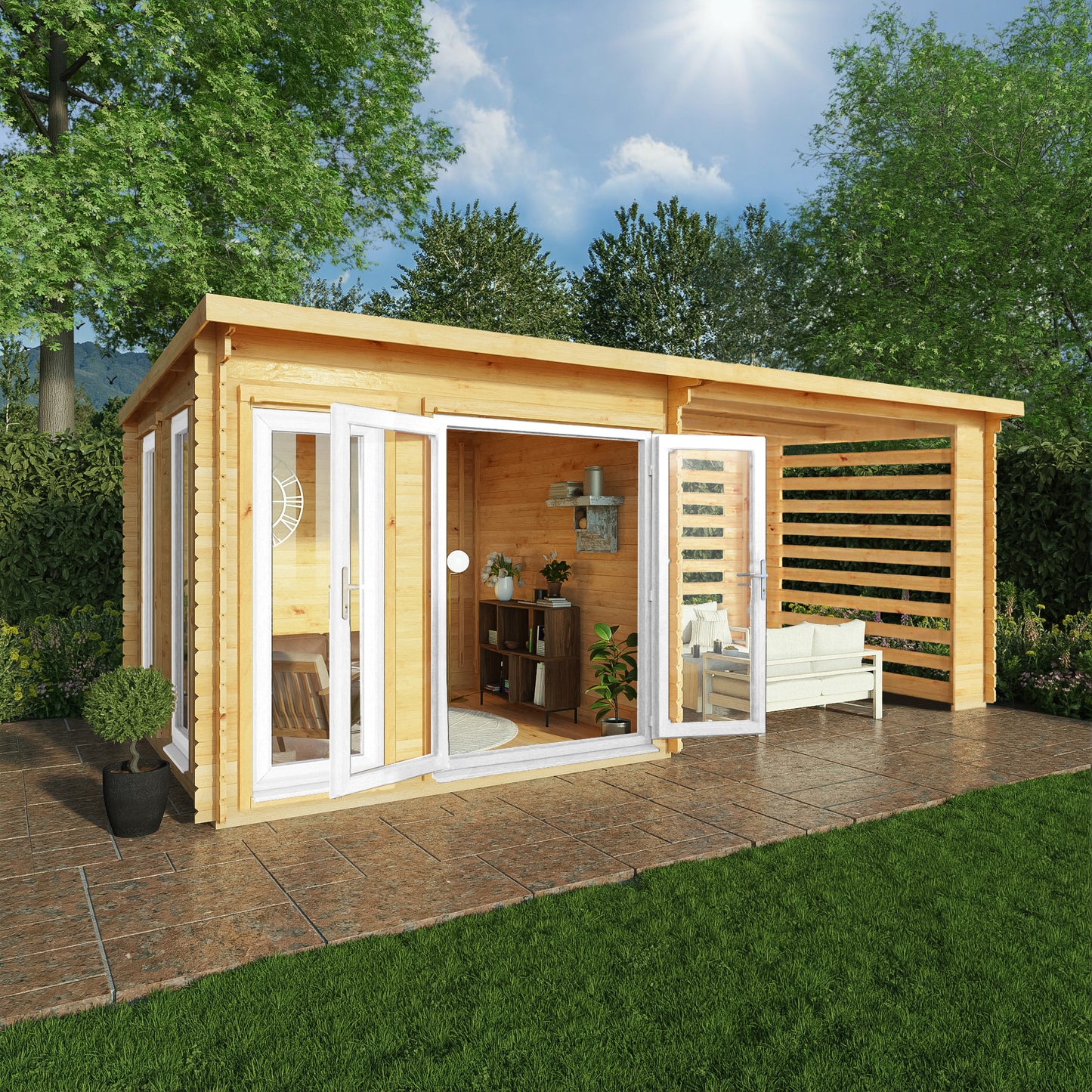 Mercia 6m x 3m Studio Pent Log Cabin With Slatted Area - 44mm (UPVC Windows & Door) - White Log Cabin