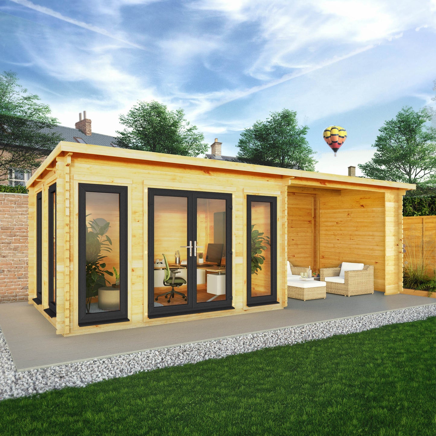 Mercia 7m x 3m Studio Pent Log Cabin With Patio Area - 44mm (UPVC Windows & Door) - Grey Log Cabin