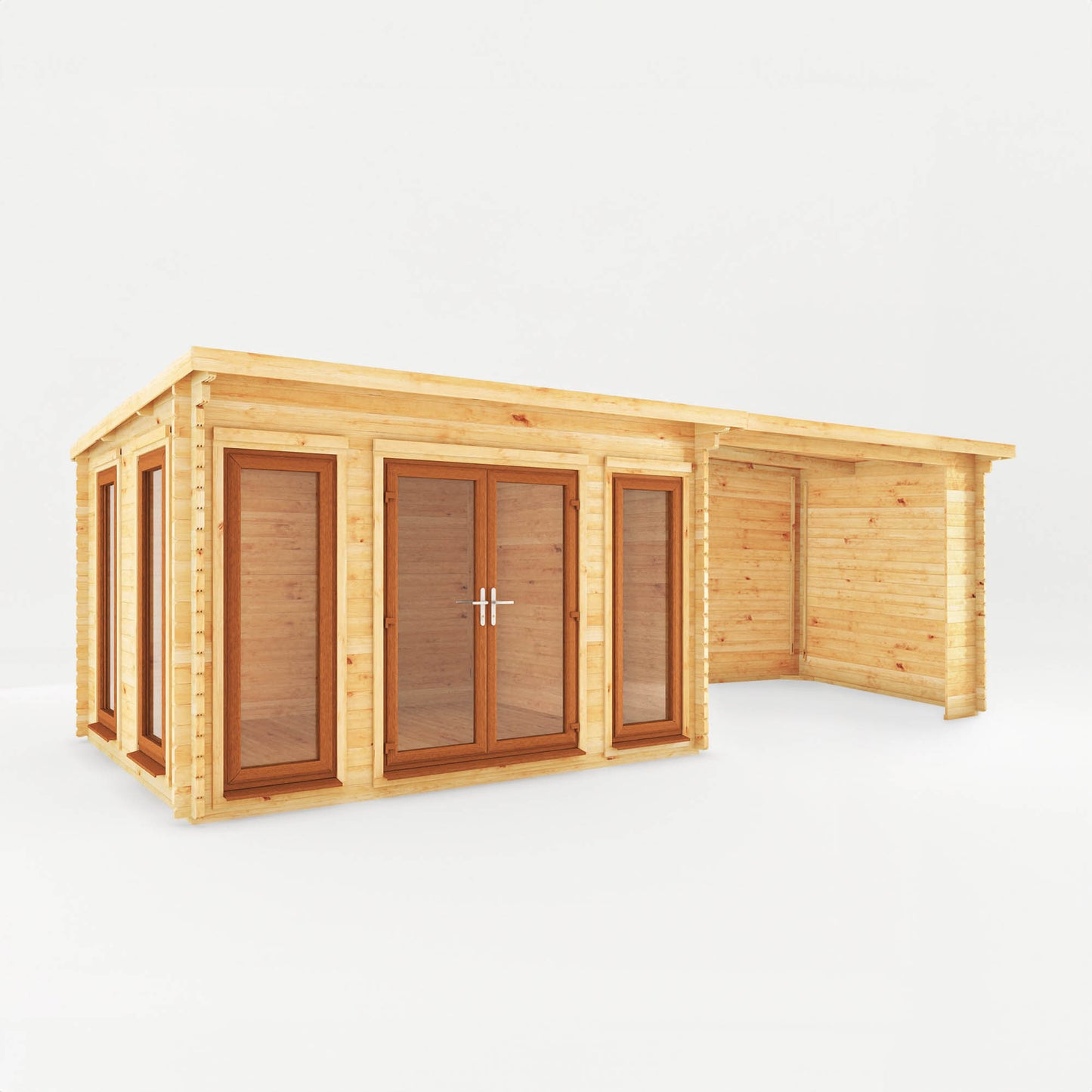 Mercia 7m x 3m Studio Pent Log Cabin With Patio Area - 44mm (UPVC Windows & Door) - Oak Log Cabin