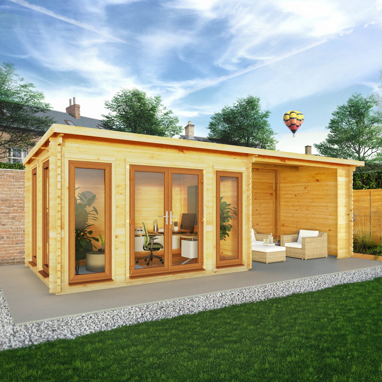 Mercia 7m x 3m Studio Pent Log Cabin With Patio Area - 44mm (UPVC Windows & Door) - Oak Log Cabin