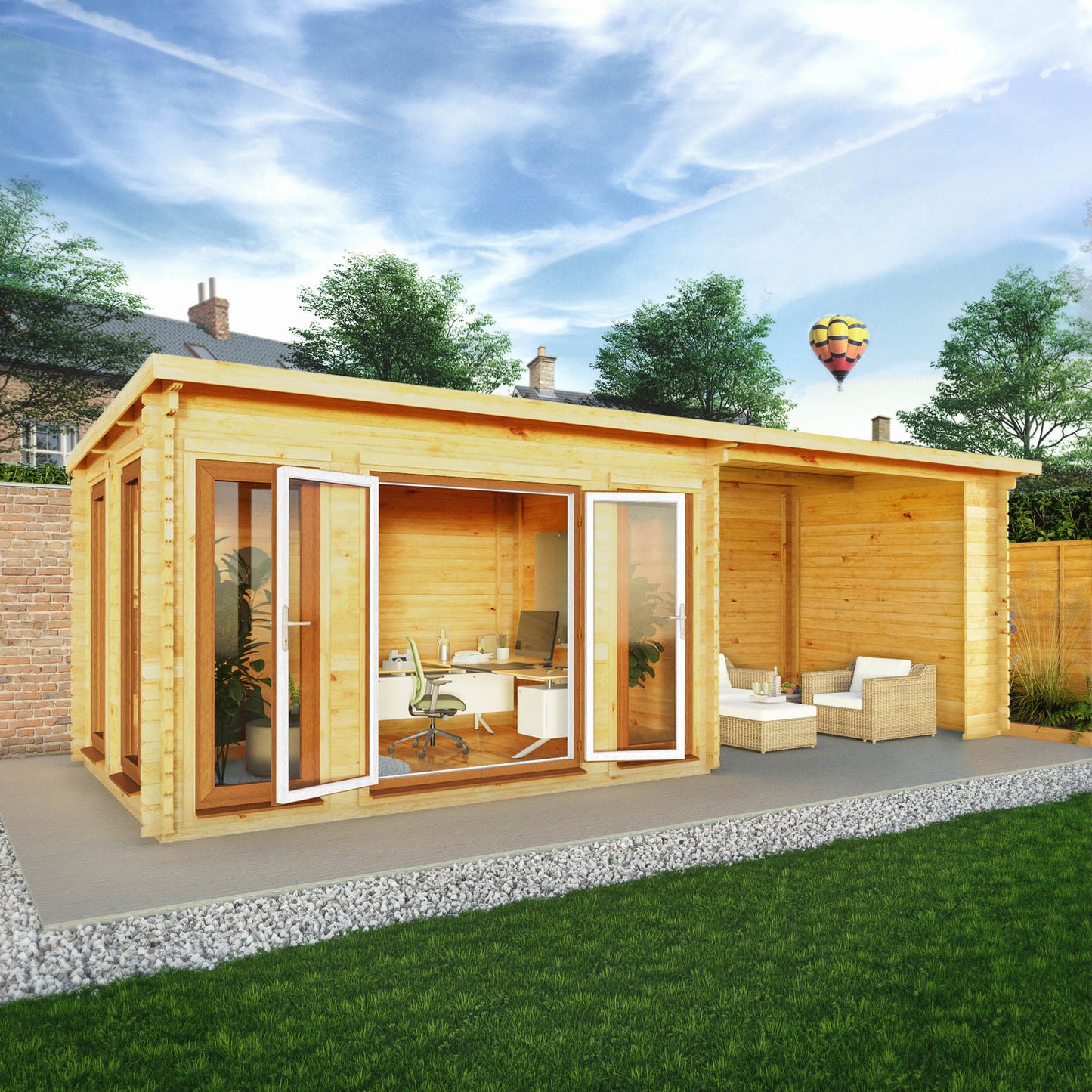 Mercia 7m x 3m Studio Pent Log Cabin With Patio Area - 44mm (UPVC Windows & Door) - Oak Log Cabin