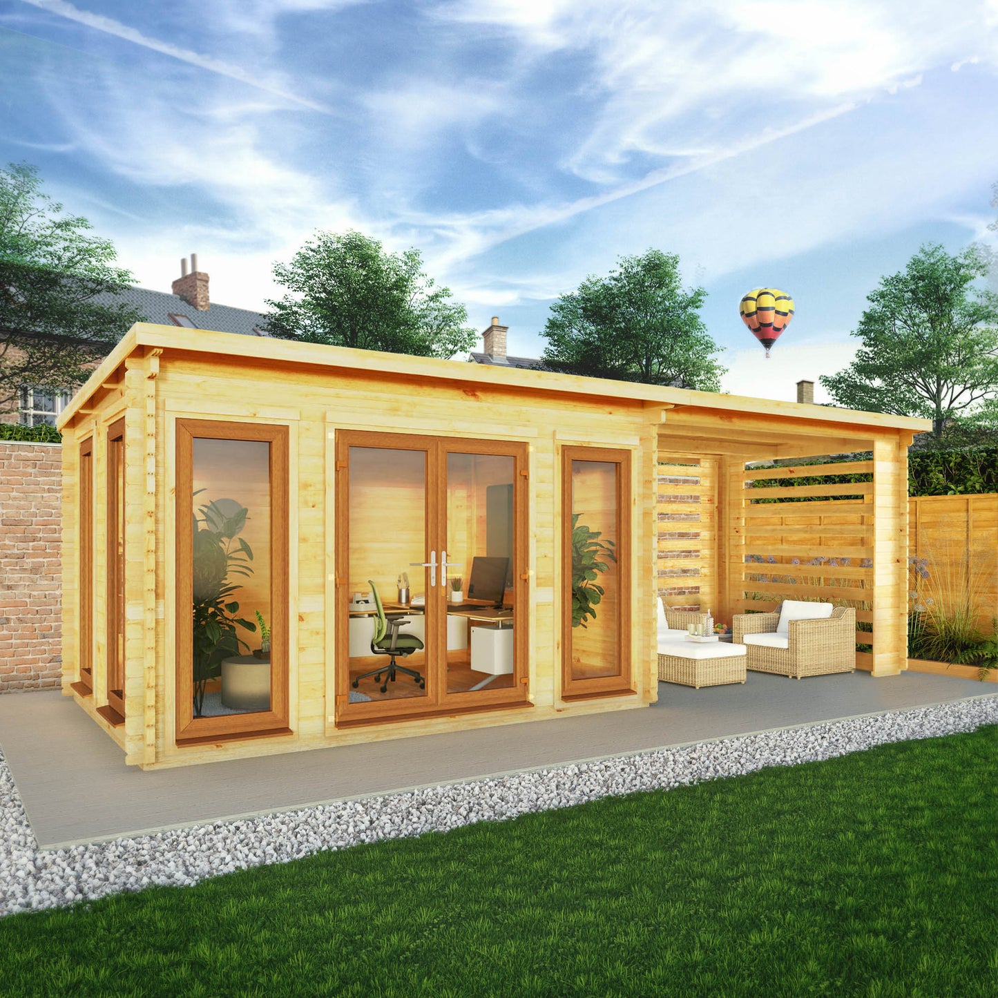 Mercia 7m x 3m Studio Pent Log Cabin With Slatted Area - 44mm (UPVC Windows & Door) - Oak Log Cabin