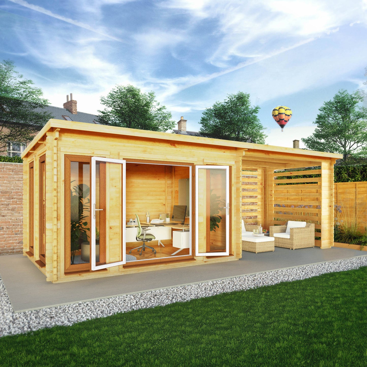 Mercia 7m x 3m Studio Pent Log Cabin With Slatted Area - 44mm (UPVC Windows & Door) - Oak Log Cabin