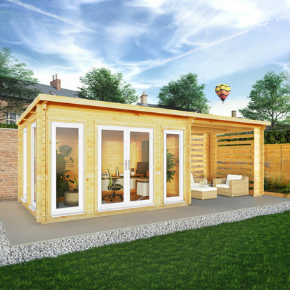 Mercia 7m x 3m Studio Pent Log Cabin With Slatted Area - 44mm (UPVC Windows & Door) - White Log Cabin