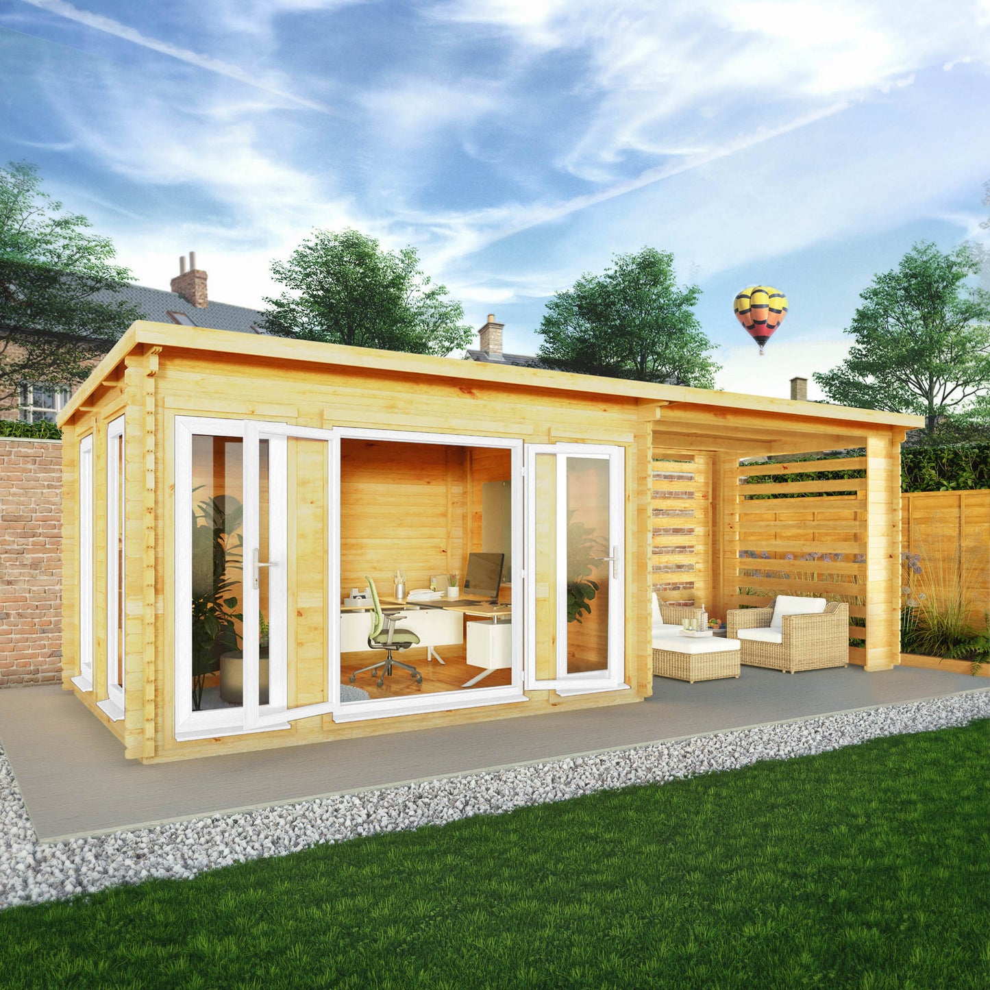 Mercia 7m x 3m Studio Pent Log Cabin With Slatted Area - 44mm (UPVC Windows & Door) - White Log Cabin