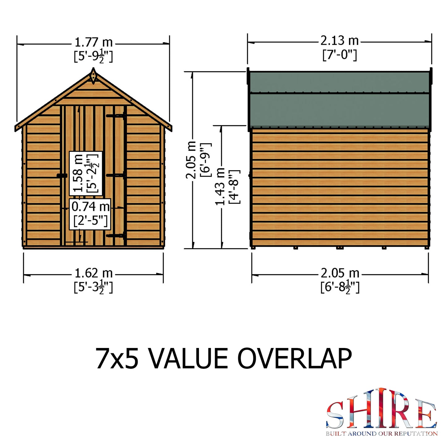 Shire Overlap 7' x 5' Single Door Value Dip Treated Wooden Apex Garden Shed