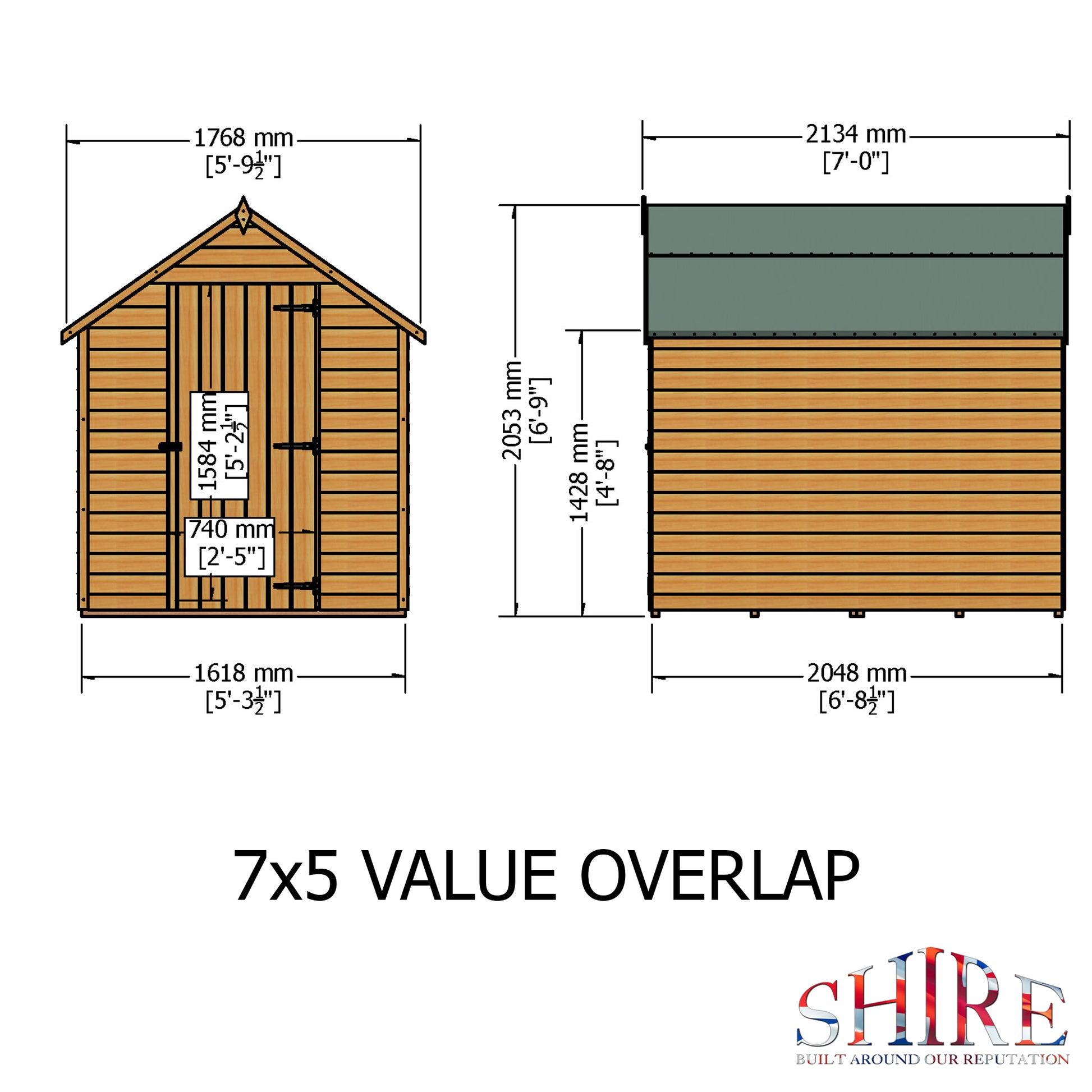 Shire Overlap 7' x 5' Single Door Value Dip Treated Wooden Apex Garden Shed