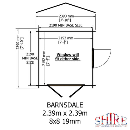 Shire Barnsdale Single Doorale 8' x 8' ft 19mm Log Cabin