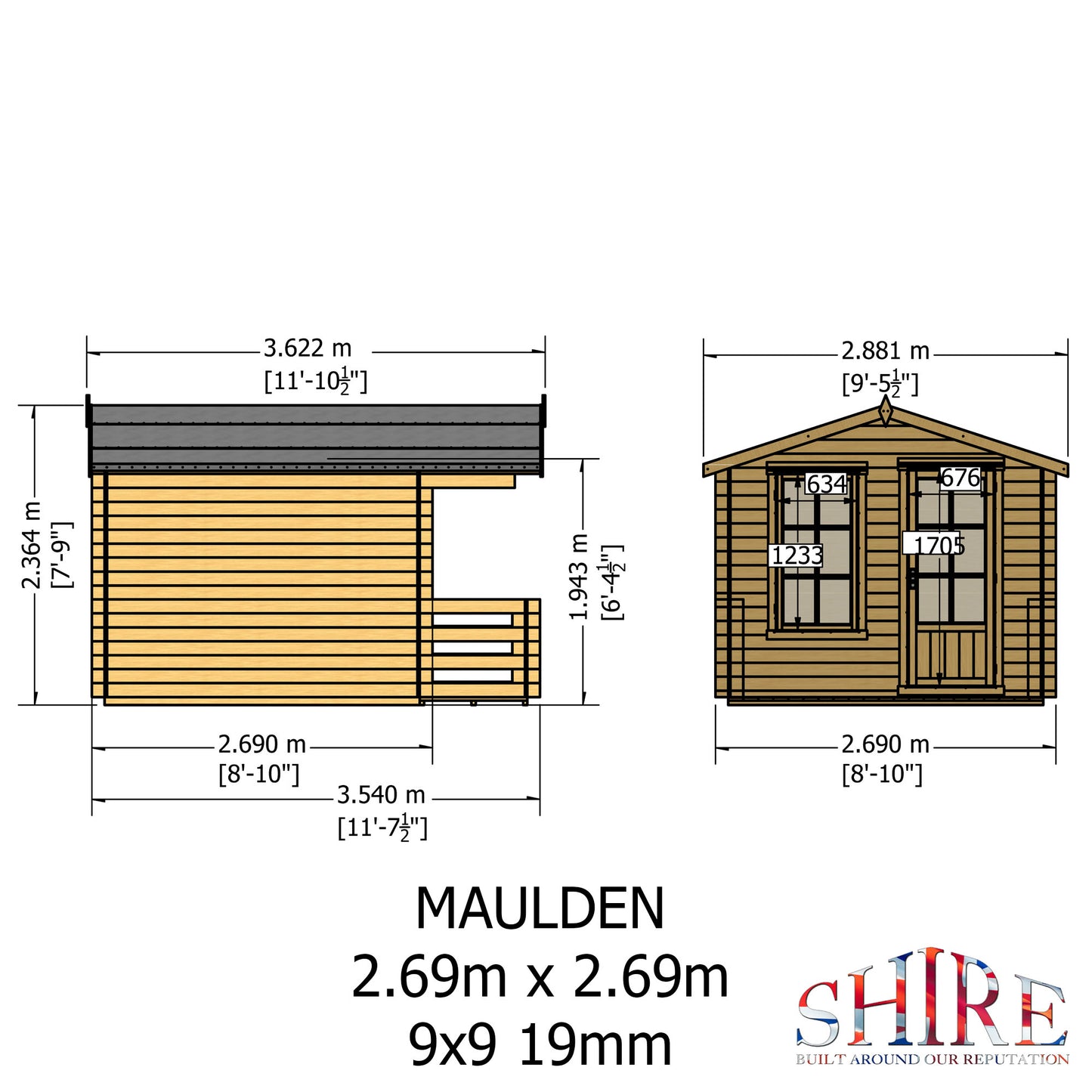 Shire Maulden with Veranda 9' x 9' ft 19mm Log Cabin