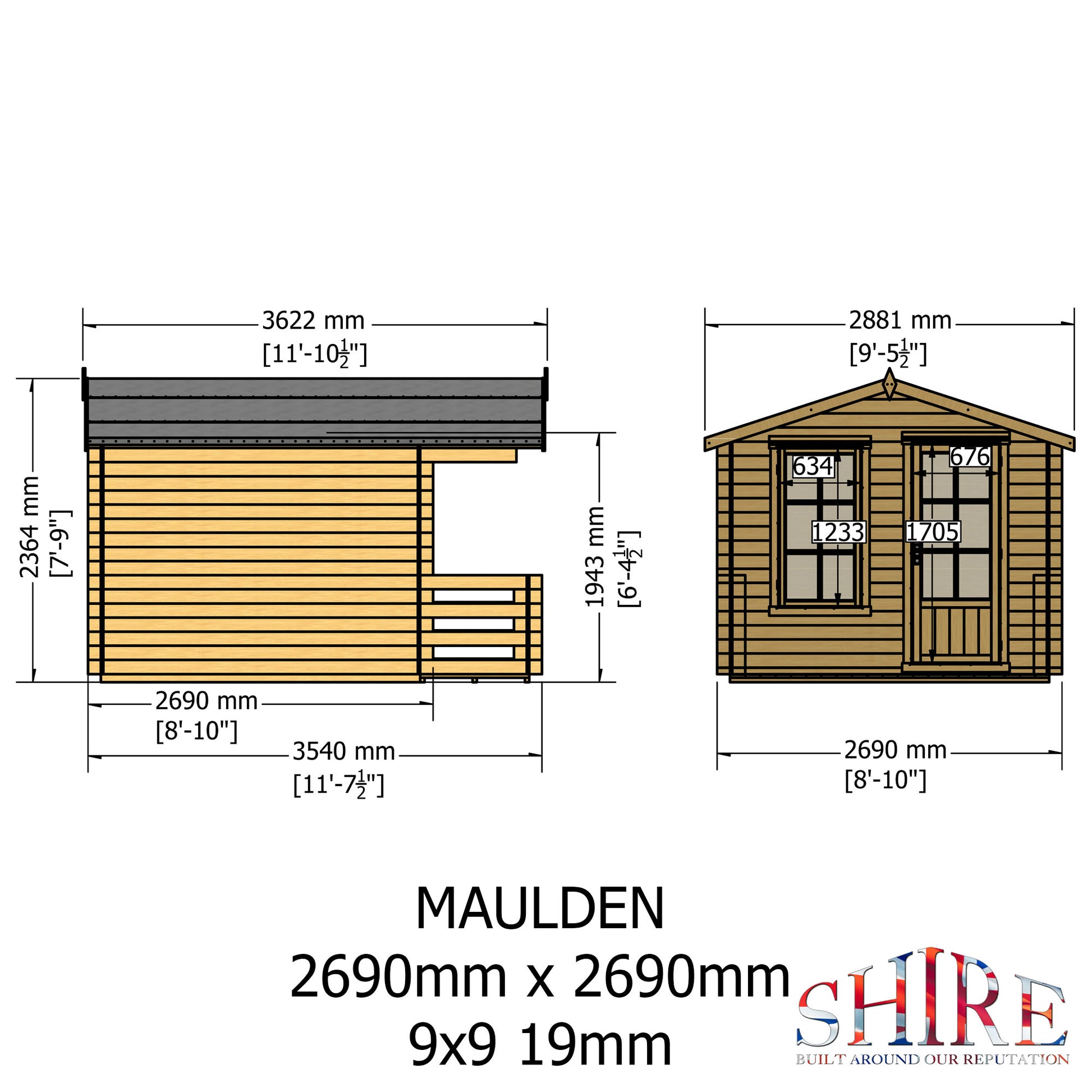 Shire Maulden with Veranda 9' x 9' ft 19mm Log Cabin