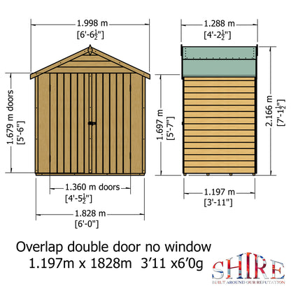 Shire Overlap Double Door No Windows 4 x 6 ft Dip Treated Wooden Garden Shed