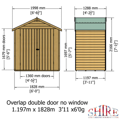 Shire Overlap Double Door No Windows 4 x 6 ft Dip Treated Wooden Garden Shed