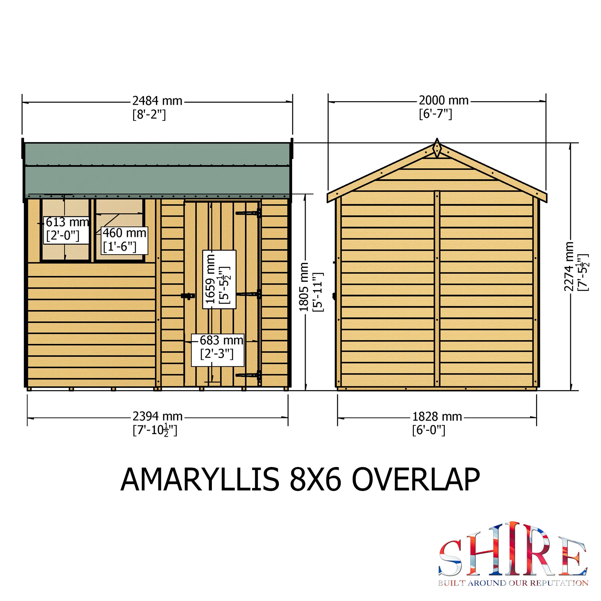 Shire Overlap 8x6 Single Door Reverse Apex Amaryllis 8x6ft Dip Treated Wooden Garden Shed