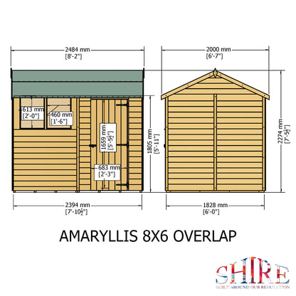 Shire Overlap 8x6 Single Door Reverse Apex Amaryllis 8x6ft Dip Treated Wooden Garden Shed