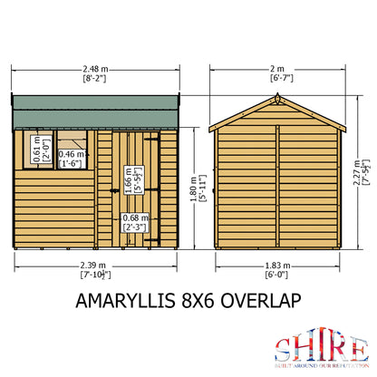 Shire Overlap 8x6 Single Door Reverse Apex Amaryllis 8x6ft Dip Treated Wooden Garden Shed