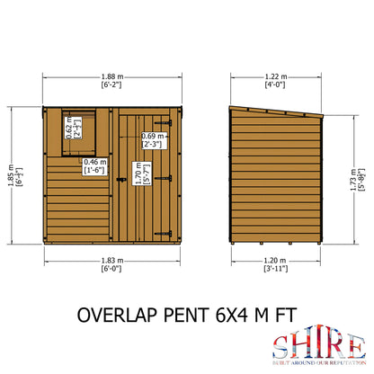 Shire Overlap Pent 6x4 Single Door 6 x 4 ft Dip Treated Wooden Garden Shed