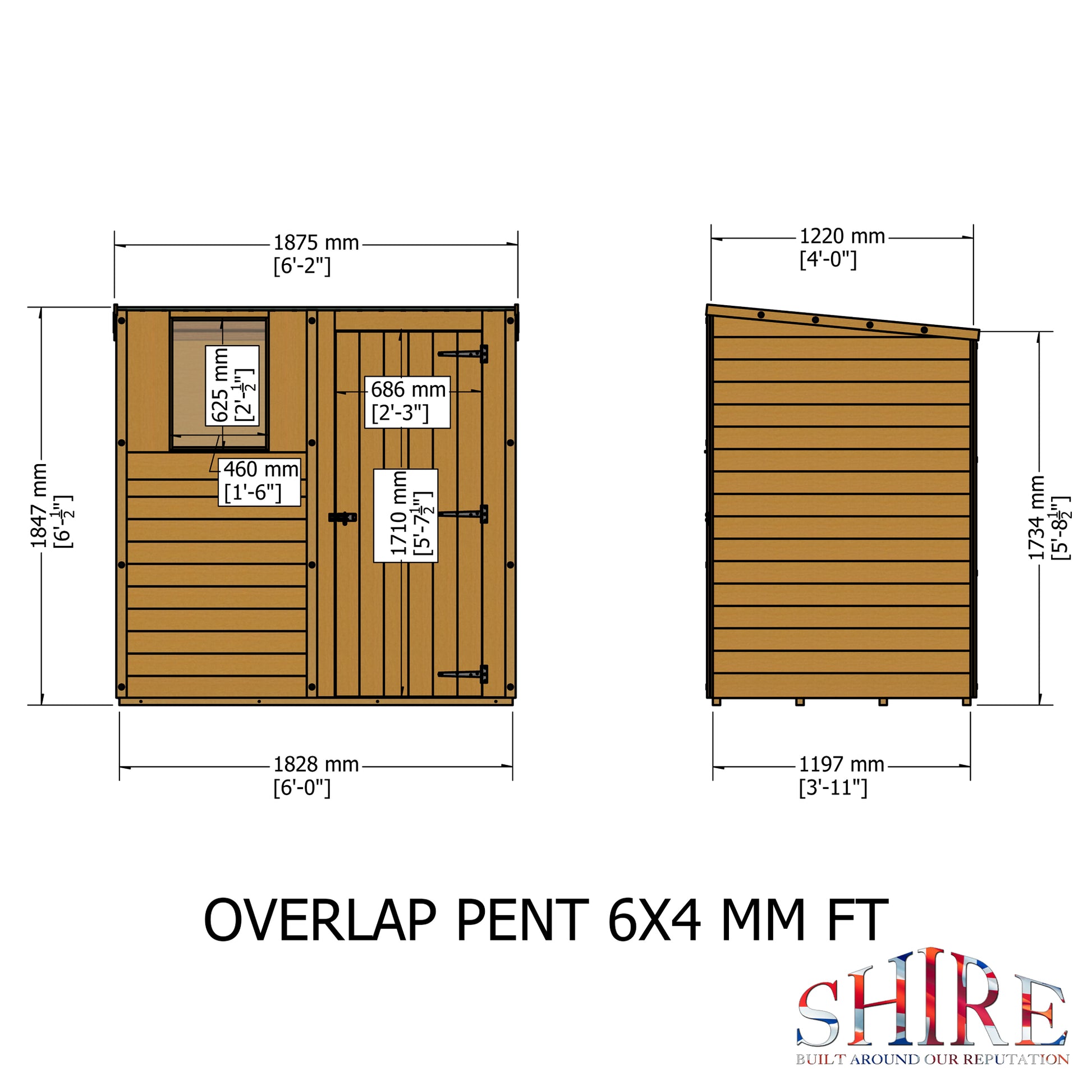 Shire Overlap Pent 6x4 Single Door 6 x 4 ft Dip Treated Wooden Garden Shed