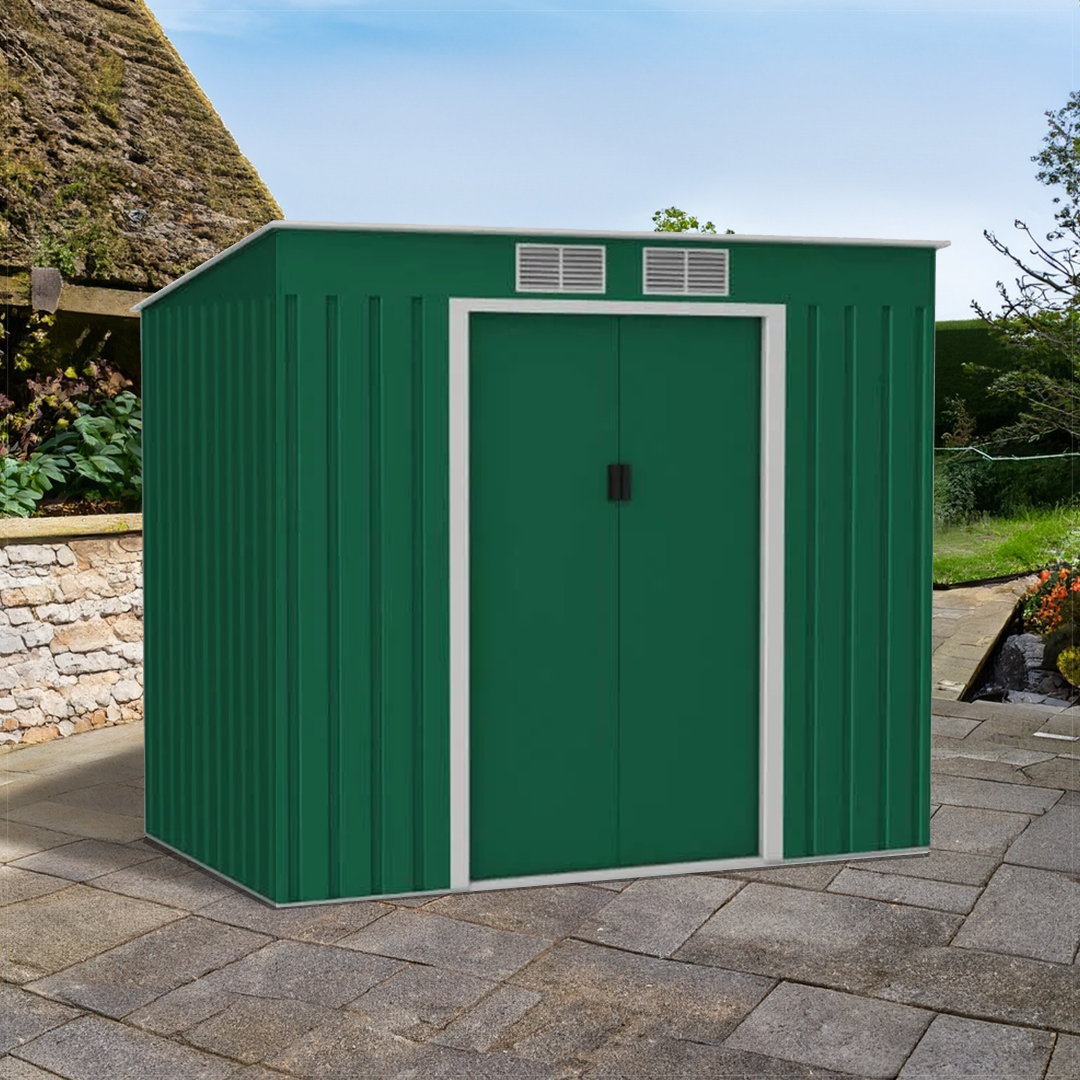 Lotus Hestia Pent Metal Shed Including Foundation Kit - 7 x 4 Dark Green