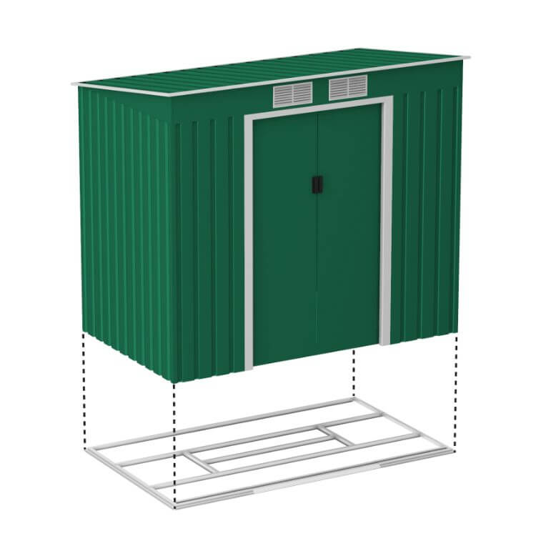 Lotus Hestia Pent Metal Shed Including Foundation Kit - 7 x 4 Dark Green