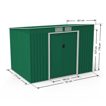 Lotus Hestia Pent Metal Shed Including Foundation Kit - 9 x 6 Dark Green