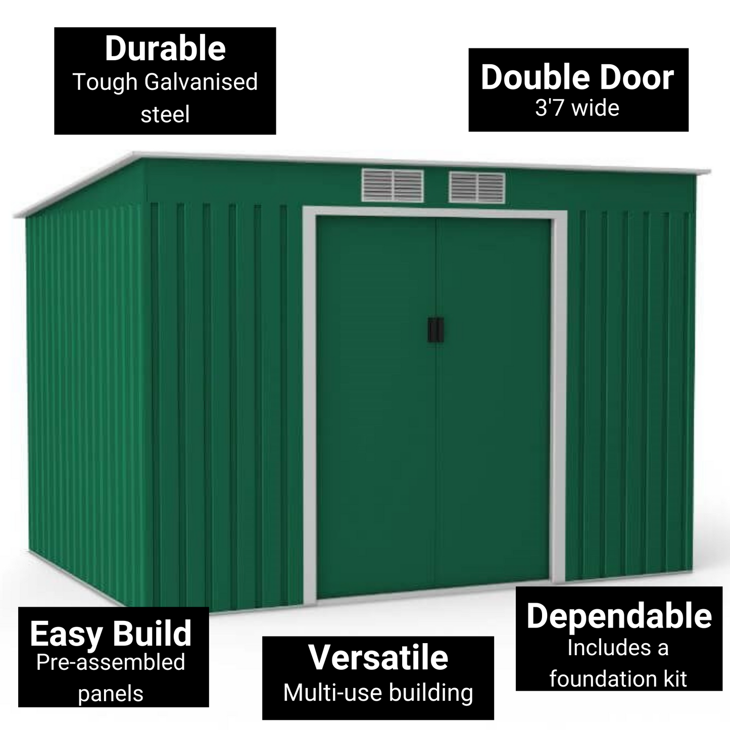 Lotus Hestia Pent Metal Shed Including Foundation Kit - 9 x 6 Dark Green