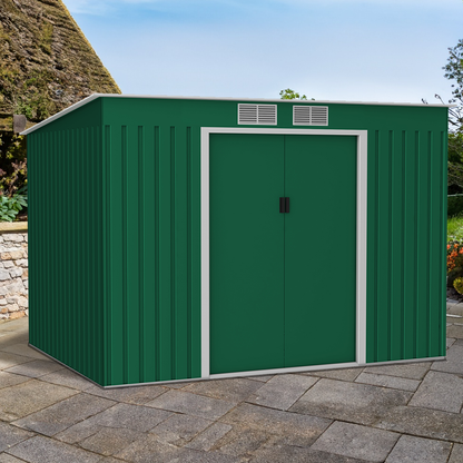 Lotus Hestia Pent Metal Shed Including Foundation Kit - 9 x 6 Dark Green