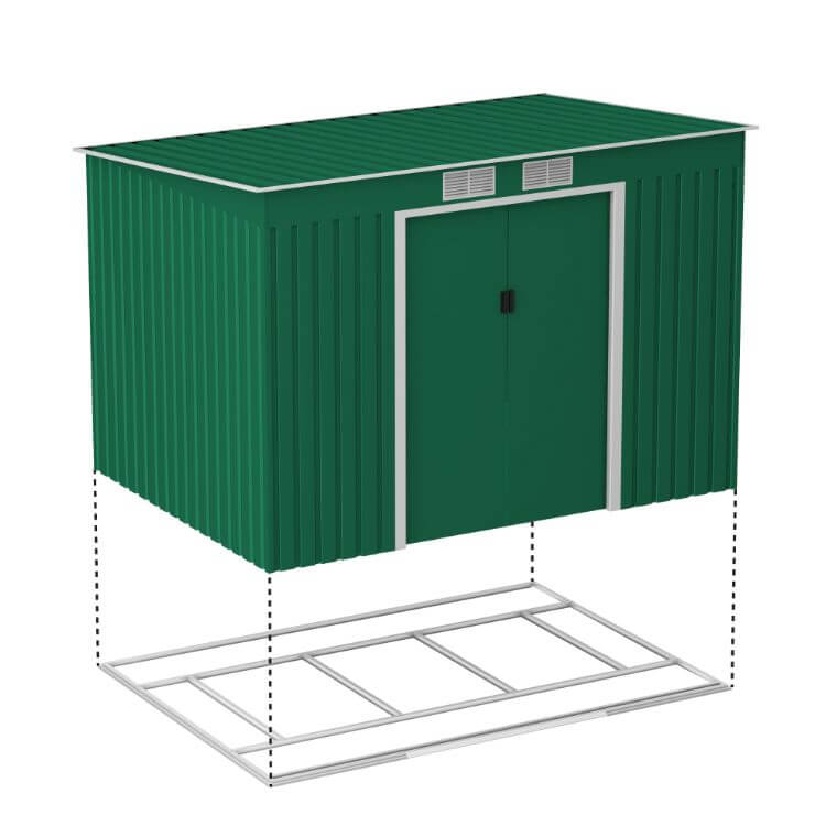 Lotus Hestia Pent Metal Shed Including Foundation Kit - 9 x 6 Dark Green