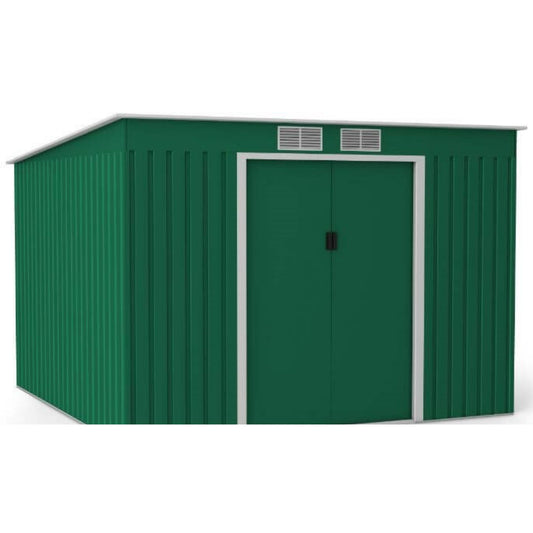 Lotus Hestia Pent Metal Shed Including Foundation Kit - 9 x 8 Dark Green