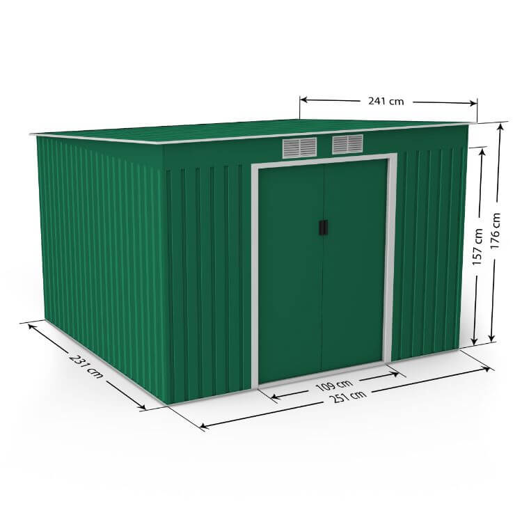 Lotus Hestia Pent Metal Shed Including Foundation Kit - 9 x 8 Dark Green