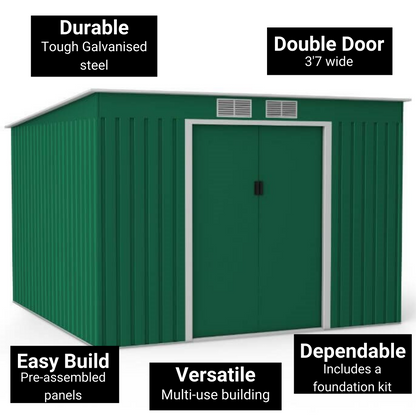 Lotus Hestia Pent Metal Shed Including Foundation Kit - 9 x 8 Dark Green