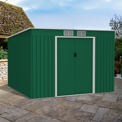 Lotus Hestia Pent Metal Shed Including Foundation Kit - 9 x 8 Dark Green