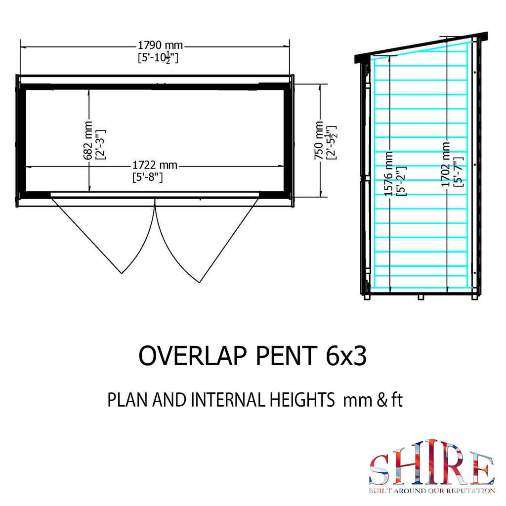 Shire Overlap Pent 6x3 Double Door Pressure Treated Range Wooden Garden Shed