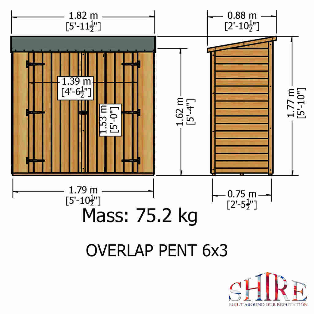 Shire Overlap Pent 6x3 Double Door Pressure Treated Range Wooden Garden Shed