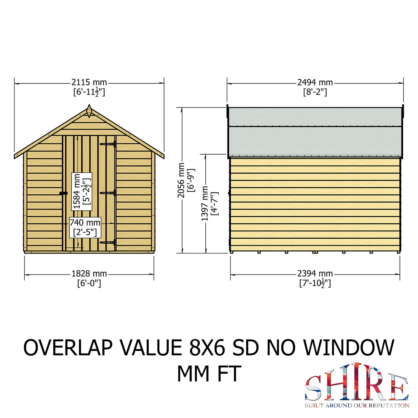 Shire Overlap 8' x 6' Single Door Value Dip Treated Wooden Apex Garden Shed