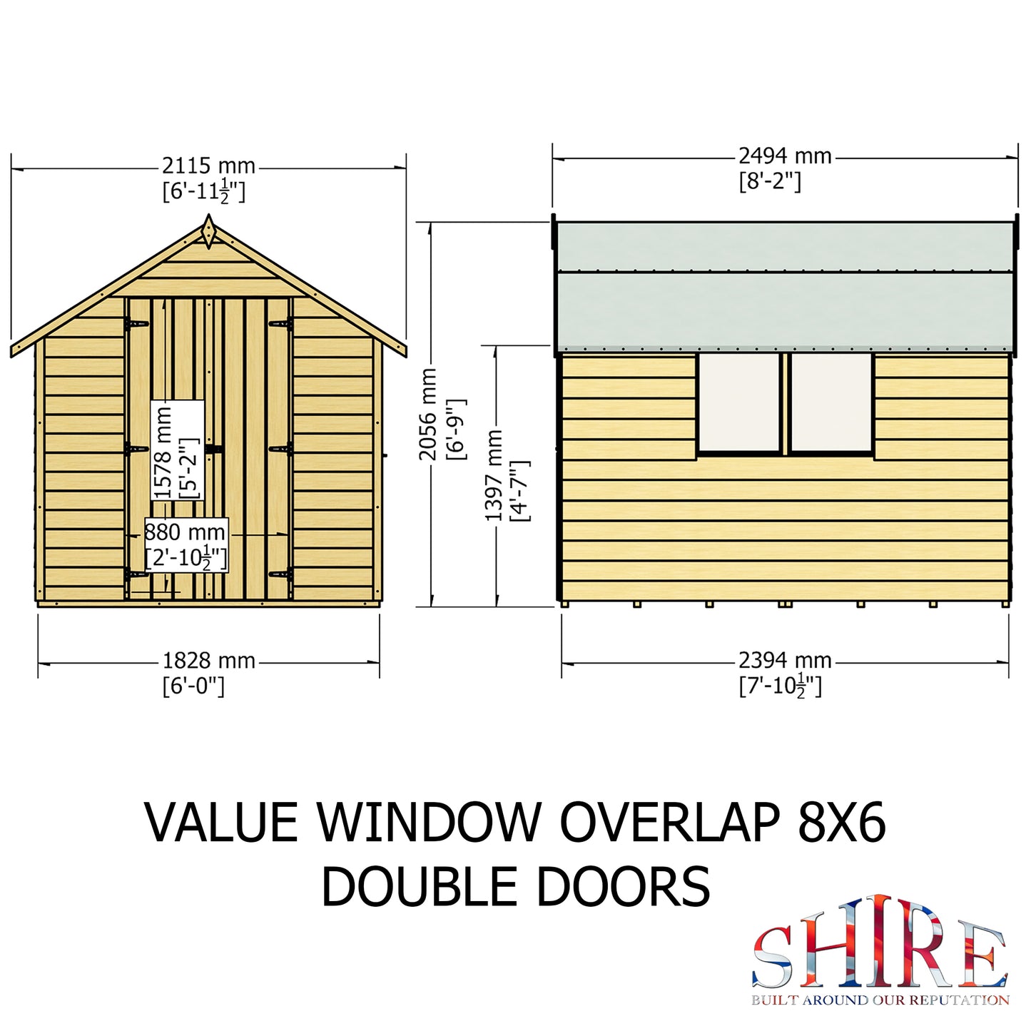 Shire Overlap 8' x 6' Double Door Value With Window Dip Treated Wooden Apex Garden Shed