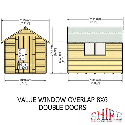 Shire Overlap 8' x 6' Double Door Value With Window Dip Treated Wooden Apex Garden Shed